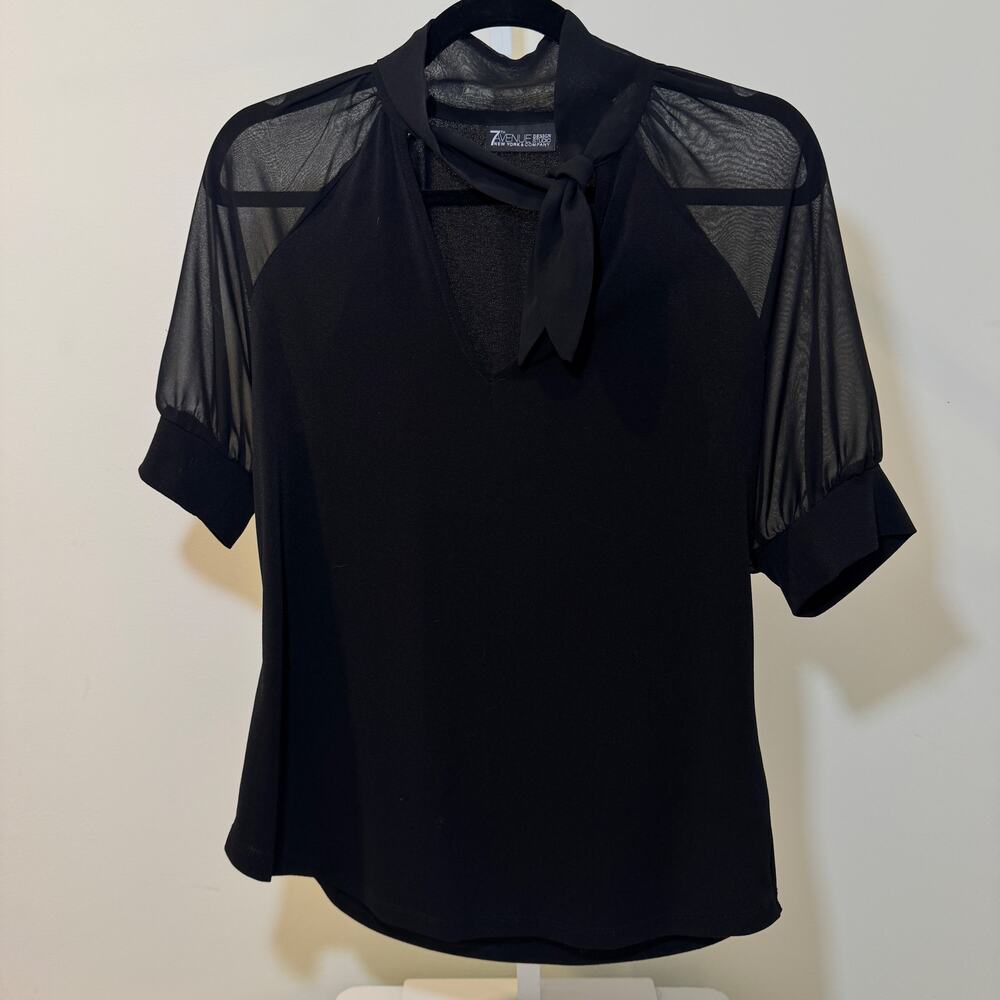 7th Avenue Black Sheer Sleeve Blouse Tie Neck Office Chic Top - Size Small